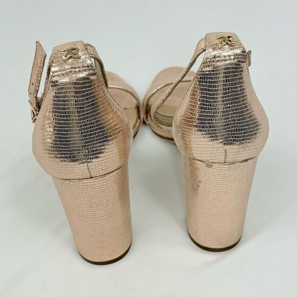 Sam Edelman YARO Rose Gold Leather Metallic Reptile Chunky 4" Open Toe Sandals - Picture 11 of 16